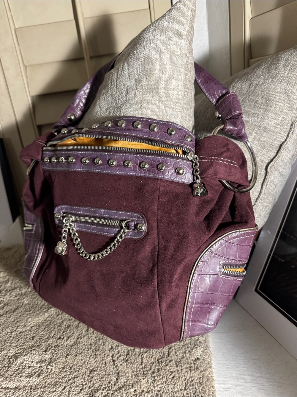 Kathy Van Zeeland Plum Suede Tote with Faux-Croc Trim and Studs